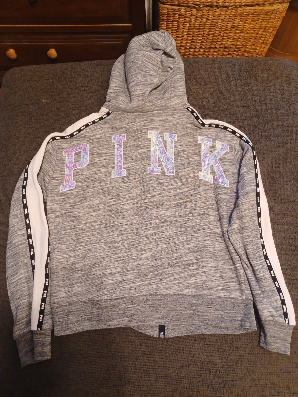 PINK Victoria's Secret Gray Hooded Sweatshirt with Pink-Purple Sequin Logo